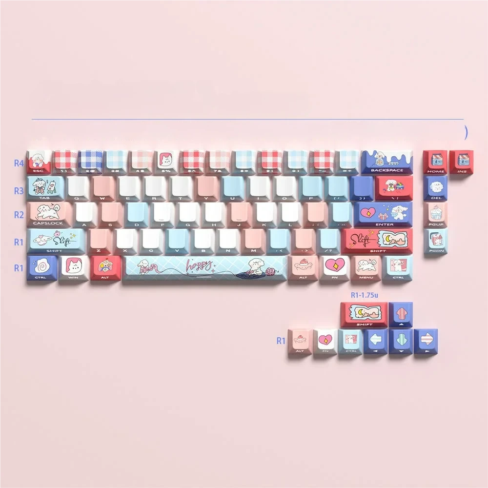 Adorable First Love Milk & Puppy 74-keycap set, showcasing pastel colors and cute puppies, perfect for 60-65-68 keyboards, evoking nostalgic charm.