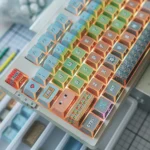 Durable PBT Minecraft keycaps set shown in a gallery, highlighting their pixelated, low-poly designs from multiple angles. Premium keyboard accessories.