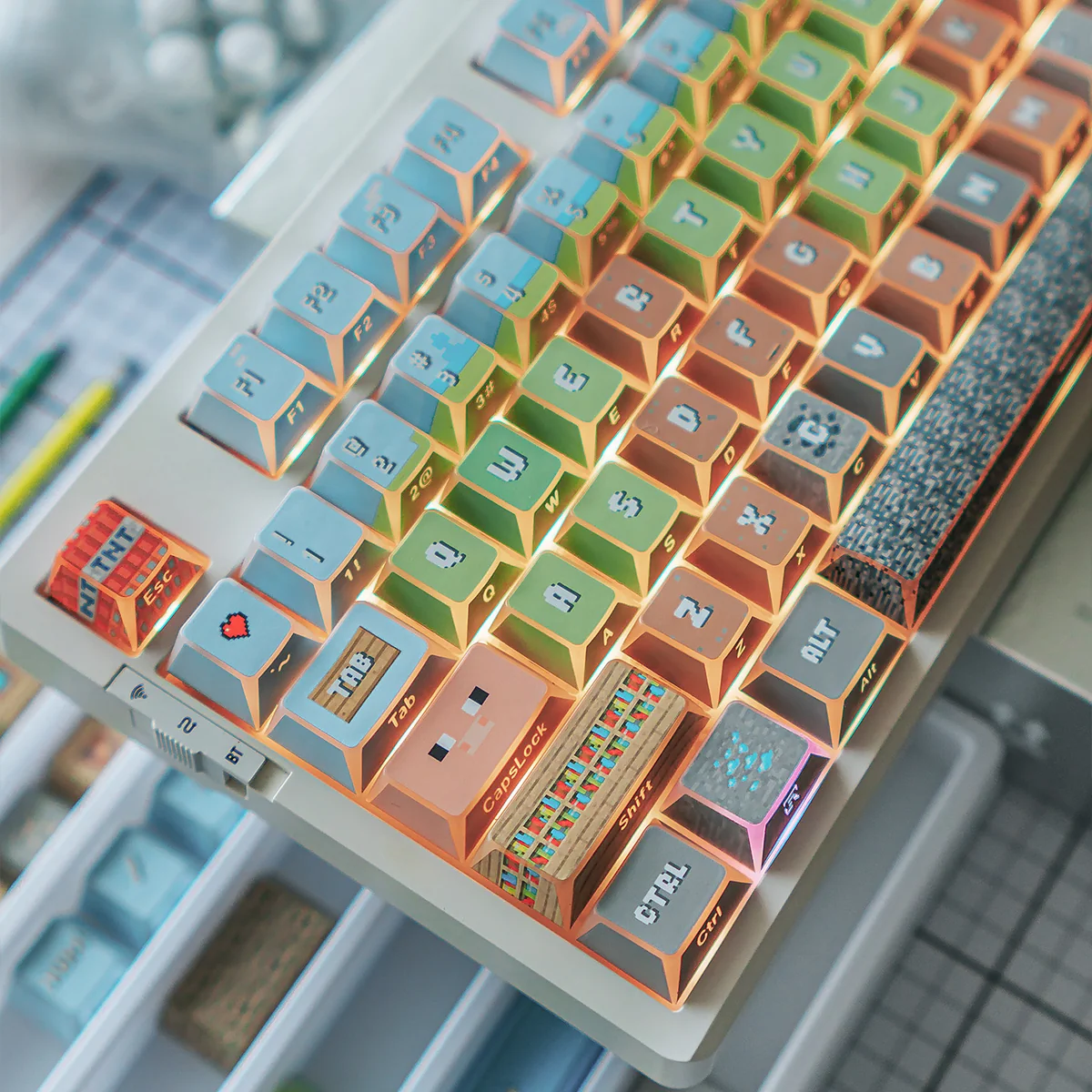 Durable PBT Minecraft keycaps set shown in a gallery, highlighting their pixelated, low-poly designs from multiple angles. Premium keyboard accessories.