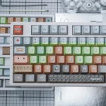 A close-up view of the durable PBT Minecraft keycaps set from a new angle, showcasing their vibrant pixelated design and block-based aesthetic, perfect for fans.