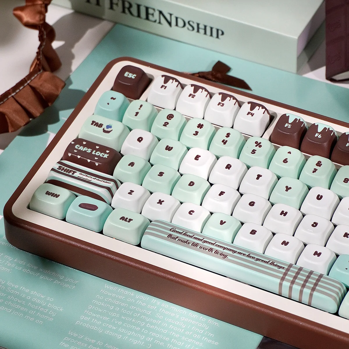 Premium Mint Chocolate PBT Dye-Sub SOA Keycaps Set, various angles. Highlights mint green and chocolate brown, evoking a sweet dessert parlor theme.