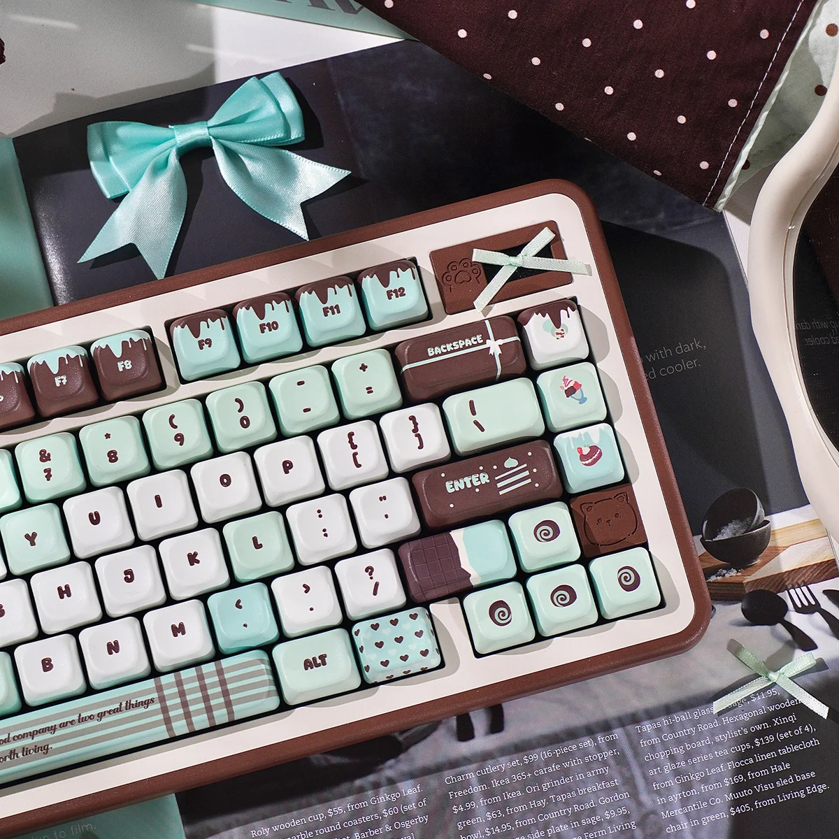 Premium Mint Chocolate PBT dye-sub SOA keycaps set. Refreshing mint green and chocolate brown. Various angles emphasize the sweet dessert parlor aesthetic.