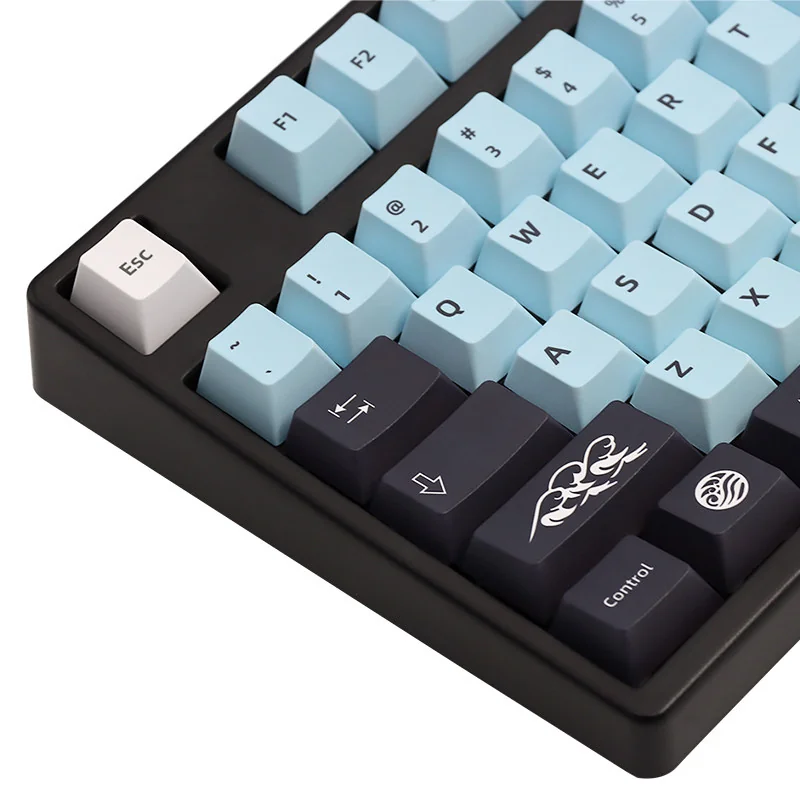 Explore the premium Mizu PBT Keycaps Set from various angles, showcasing the serene 136-key ergonomic set with fluid aquatic aesthetic.