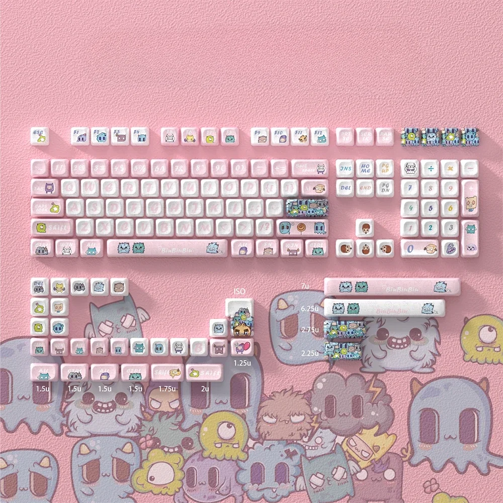 A vibrant collection of Strange Beast MOA PBT keycaps, highlighting their whimsical monster designs and ergonomic MOA profile from various angles.
