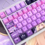 Moria Luluka side-lit PBT keycaps set, featuring playful anime art and translucent legends, shown from various angles for RGB enthusiasts.