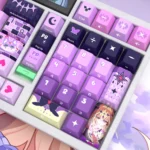 Playful Moria Luluka side-lit PBT keycaps set, featuring vibrant anime character art and translucent legends from multiple angles. Perfect for RGB keyboard.