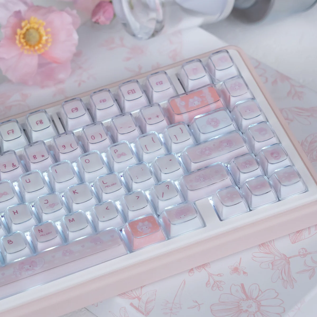 Cute My Melody crystal jelly full keycap set, showcasing adorable characters and a translucent KDA Profile design from various angles.