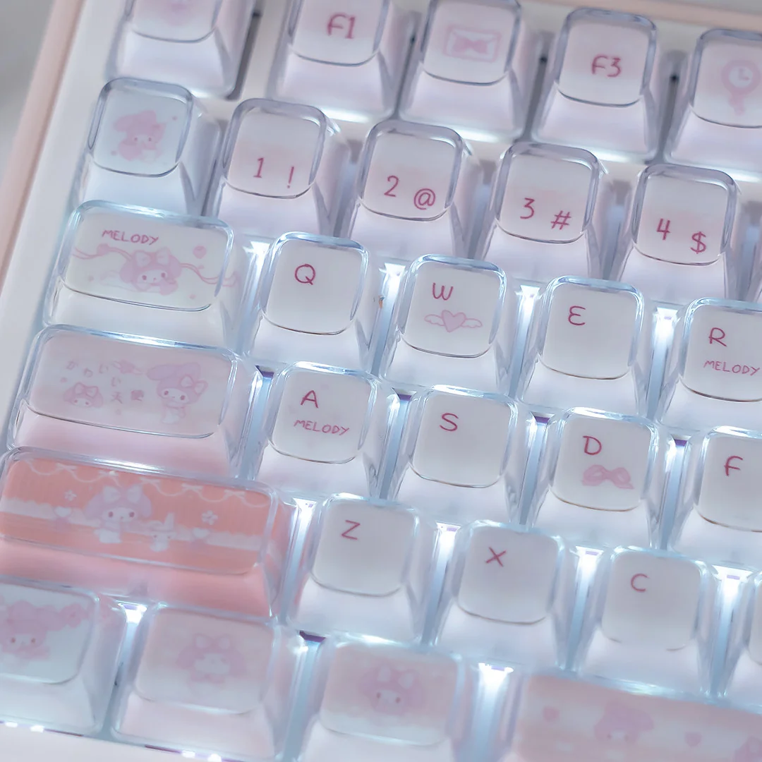 Cute My Melody Crystal Jelly Keycaps Set, playfully arranged to showcase the translucent pastel aesthetic and KDA profile.