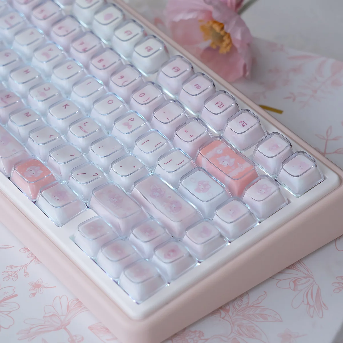 Adorable My Melody Crystal Jelly Keycaps Set for KDA profile, featuring translucent pastel keycaps with cute character designs, shown from a different angle.