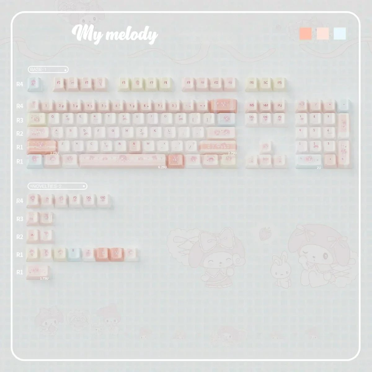 Playful My Melody Crystal Jelly Keycaps Set, featuring translucent KDA profile keycaps. See adorable My Melody designs from various angles.