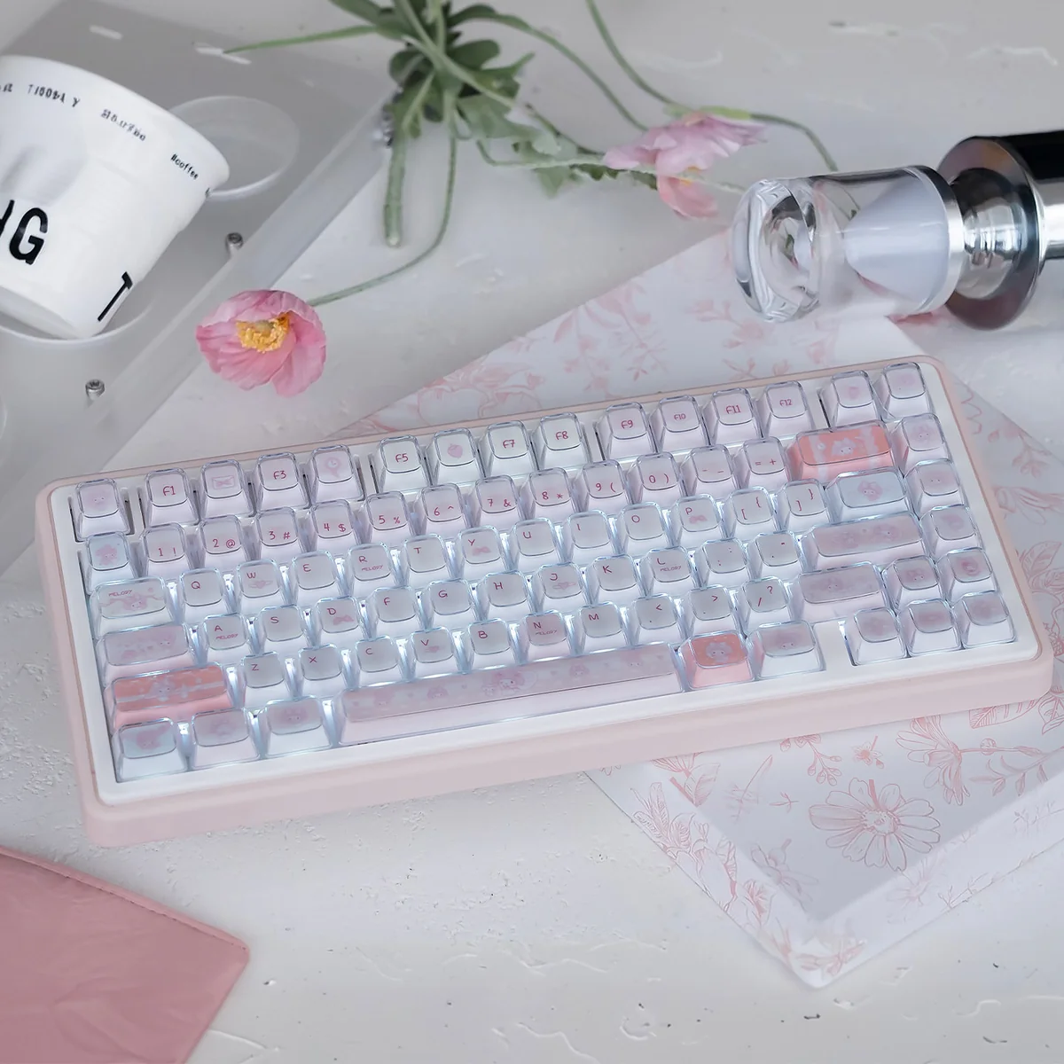 Adorable My Melody crystal jelly keycaps set, showcasing the full KDA profile with translucent pastel hues, perfect for a cute keyboard aesthetic.