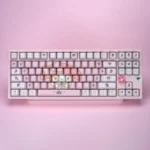 Angled view of the My Melody Geometric PBT Keycaps Set, highlighting unique pastel geometric designs. Whimsical My Melody artistry on durable PBT.