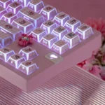 Side view of the premium My Melody geometric PBT keycaps set, revealing intricate pastel geometric artistry and unique character details.