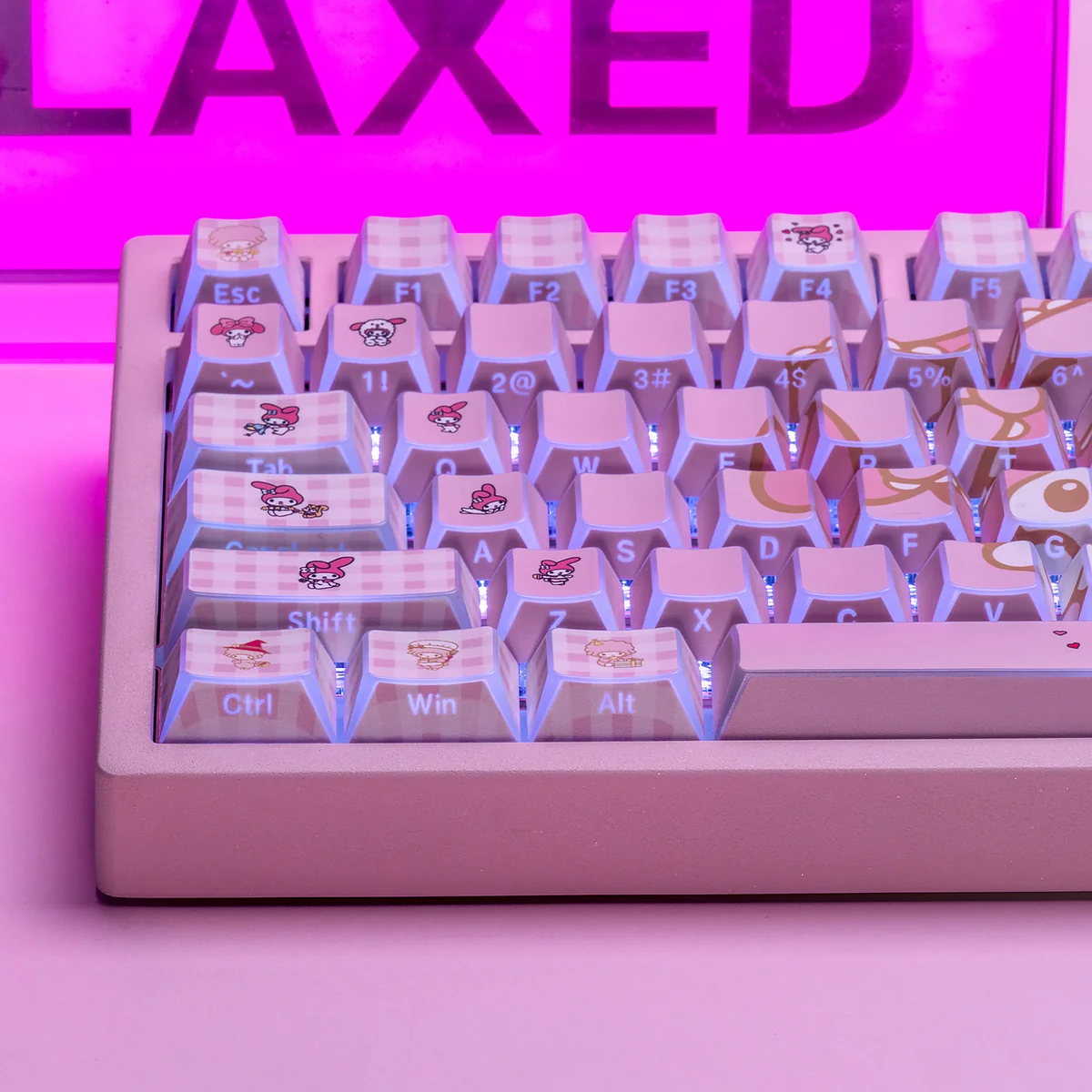 Detailed view of the unique My Melody Geometric PBT Keycaps Set, with pastel, sharp geometric angles, and whimsical artistry.