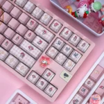 Detailed view of the My Melody Geometric PBT Keycaps Set, highlighting the playful pastel and modern geometric artistry. Unique My Melody keycaps.