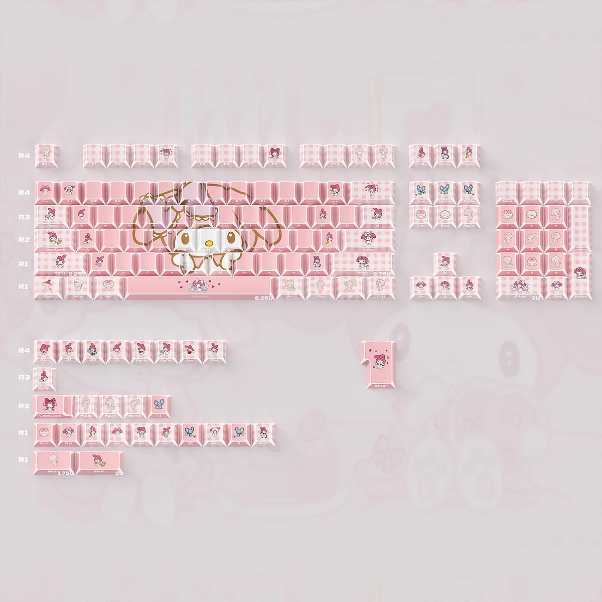 Side view of My Melody geometric PBT keycaps set, revealing the unique pastel colors, crisp geometric patterns, and premium artistic finish for keyboard.