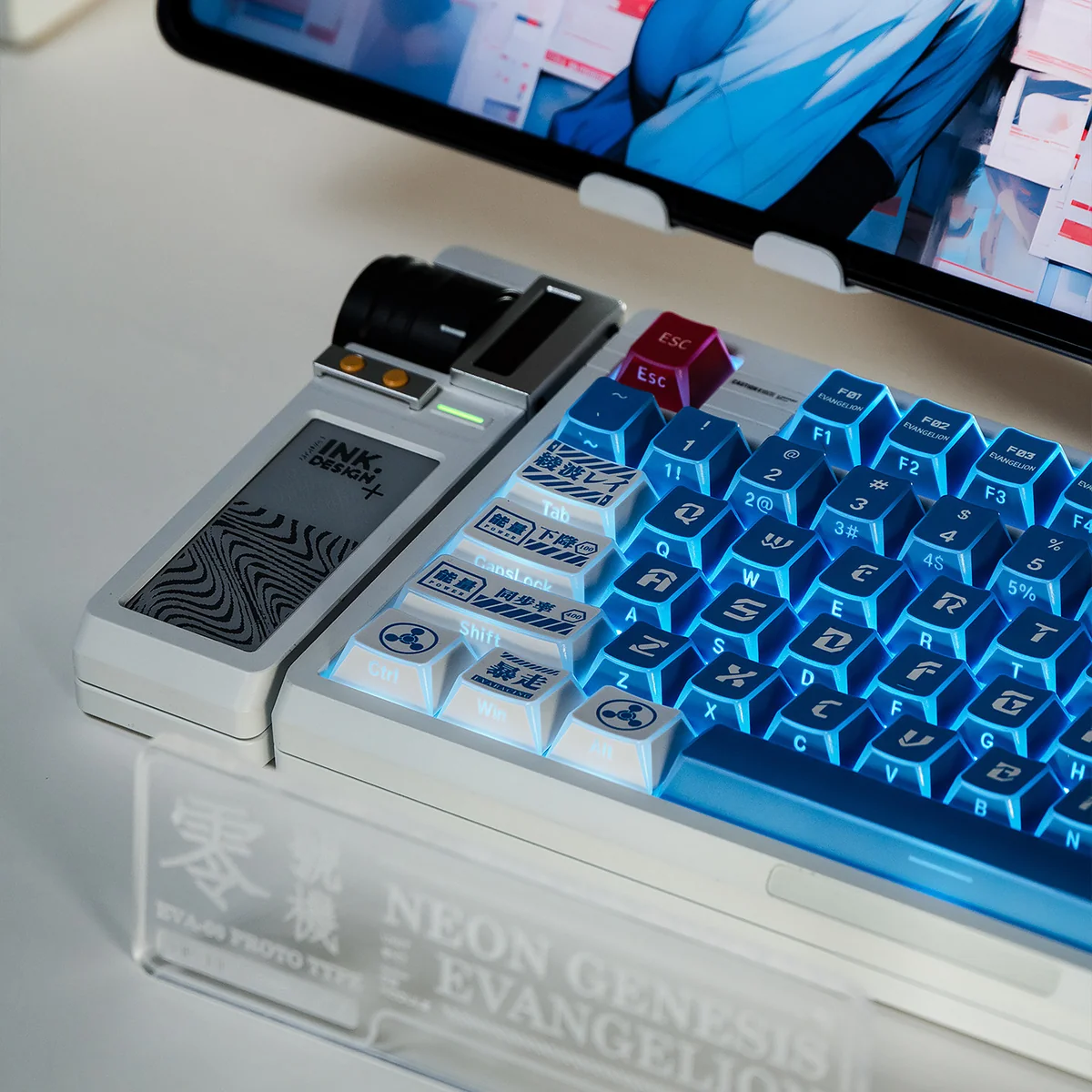 Artistic NGE Lilith Dye-Sub PBT Keycap set, viewed from various perspectives, showcasing its ethereal light and unique geometric pattern.