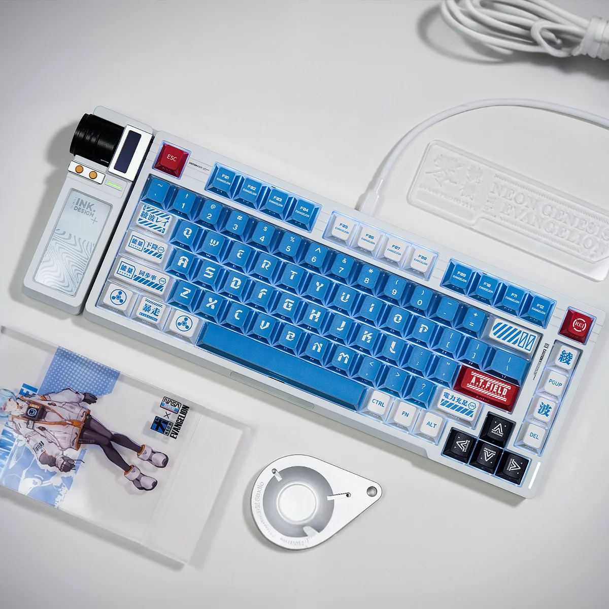 Exclusive NGE Lilith Dye-Sub PBT Keycap Set, showcasing ethereal hues and a striking geometric design inspired by Neon Genesis Evangelion.