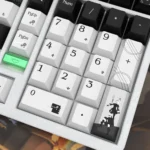 NieR Automata YoRHa 2B Dye-Sub PBT keycap set, showcasing its monochrome palette, distinct symbols, and dystopian sci-fi aesthetic from a close-up visual design.