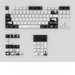 NieR Automata Keycaps YoRHa 2B Dye-Sub PBT set displayed from various angles, showcasing the iconic monochrome aesthetic and intricate sci-fi symbols.