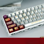 Notre-Dame Architectural PBT keycaps set at an angle, revealing pearlescent metallic sheen, intricate Gothic artistry, and historical elegance.