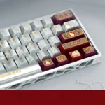 Notre-Dame PBT keycaps set with pearlescent finish, showcasing iconic Gothic details from various artistic angles, embodying historical elegance.