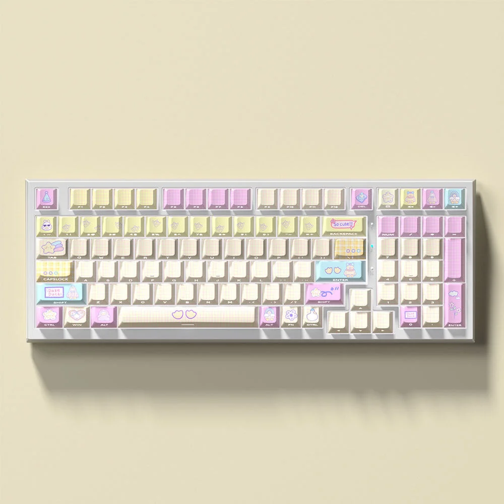 Close-up of the adorable Cute Duck Keycaps set, showcasing the whimsical paddling duck illustrations and vibrant side-lit legends on durable PBT Cherry profile/