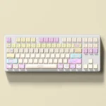 Cute Duck Keycaps: Multiple angles reveal adorable paddling duck illustrations, vibrant side-lit PBT Cherry profile legends. Playful design.