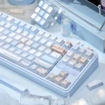 Premium Cocoa Blue PBT dye-sub keycap set, showcasing its unique warm cocoa and serene blue hues. Enhance desktop aesthetics with these stylish.