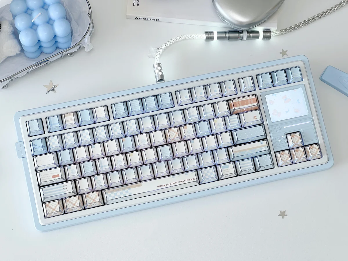 Premium Cocoa Blue PBT dye-sub keycap set, displaying its unique warm cocoa and serene blue aesthetic. Perfect for stylish desktop customization.