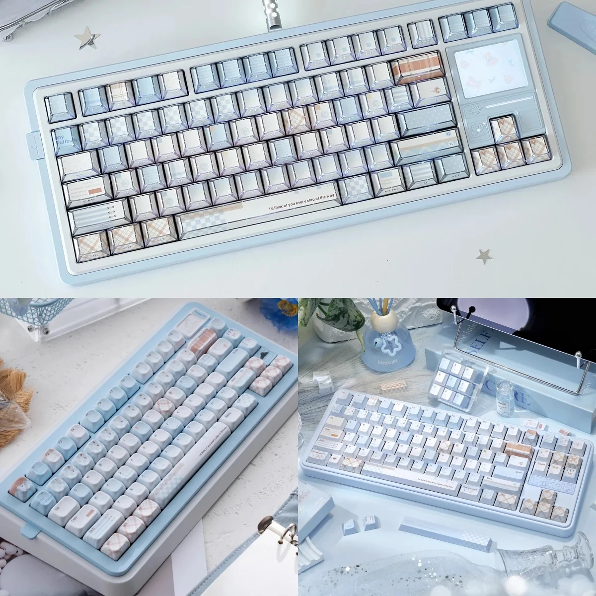Premium Cocoa Blue PBT Dye-sub keycap set, elegantly displayed with its unique warm cocoa and serene blue palette for stylish desktop aesthetics.