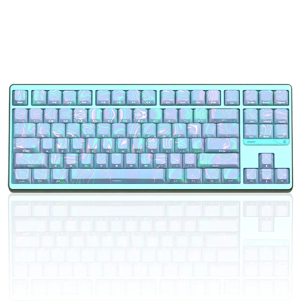 "Ethereal translucent PBT keycaps, side-printed OEM set. Views highlight dreamlike legends, minimalist tops, and an ethereal glow."