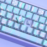 A collection of ethereal translucent PBT keycaps from multiple angles, showcasing their unique side-printed legends and the dreamlike glow.