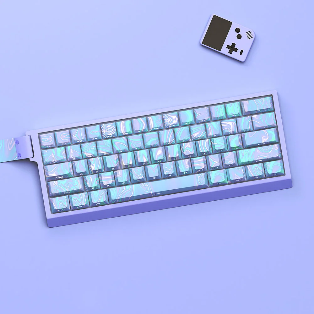 Ethereal translucent PBT keycaps with dreamlike side-printed legends and a minimalist top surface, emitting an ethereal glow for a premium keyboard.
