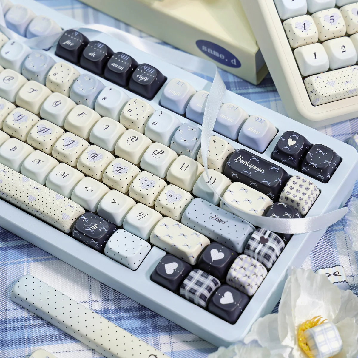 Detailed shots of premium PBT Sea Salt Keycaps set, revealing the subtle speckled pattern and robust dye-sub legends from different perspectives.