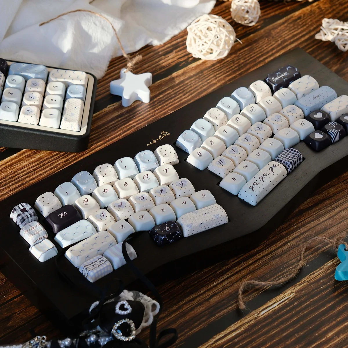 PBT Sea Salt Keycaps Set showcasing their durable dye-sub PBT material and tranquil, ocean-inspired speckled design at multiple angles.