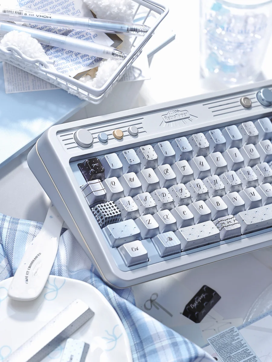 PBT Sea Salt Keycaps Set 128-key set showcasing the premium original factory speckled metallic finish, evoking a tranquil ocean aesthetic.