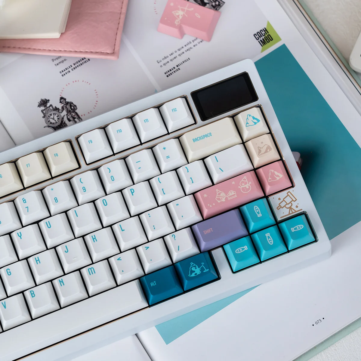 Close-up of the adorable Antarctic Adventure Cute Penguin PBT keycap set, showcasing the icy gradient and playful penguin designs.