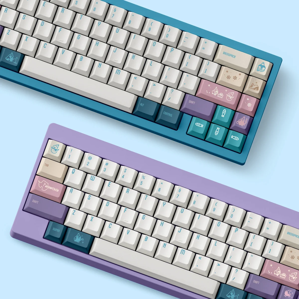 Antarctic Adventure Cute Penguin PBT Dye-sub Keycap Set. Adorable penguins on gradient keycaps for a playful desk.