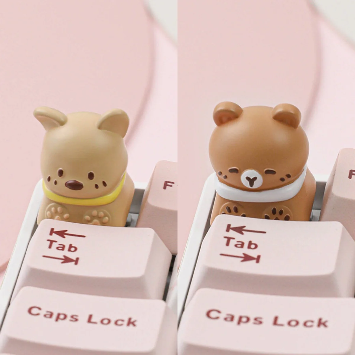 Whimsical handcrafted pet cafe keycaps featuring adorable animal friends enjoying a charming pastel cafe scene, perfect for keyboard enthusiasts.