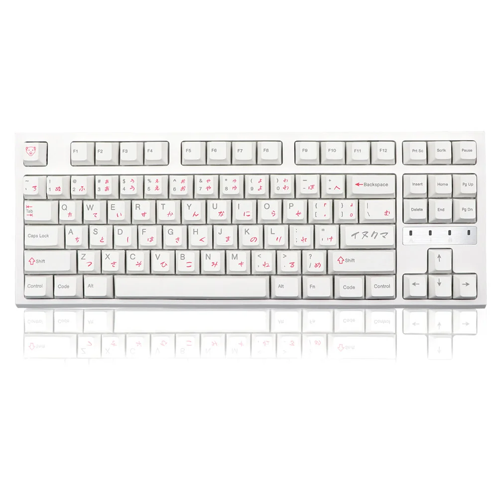 Close-up of the adorable Pink Bear PBT Keycaps Set, showcasing whimsical white keycaps with charming pink bear designs from multiple angles.