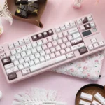 Pink Chocolate Series Keycap Set, showcasing charming hues motifs and a playful dessert theme from multiple angles.