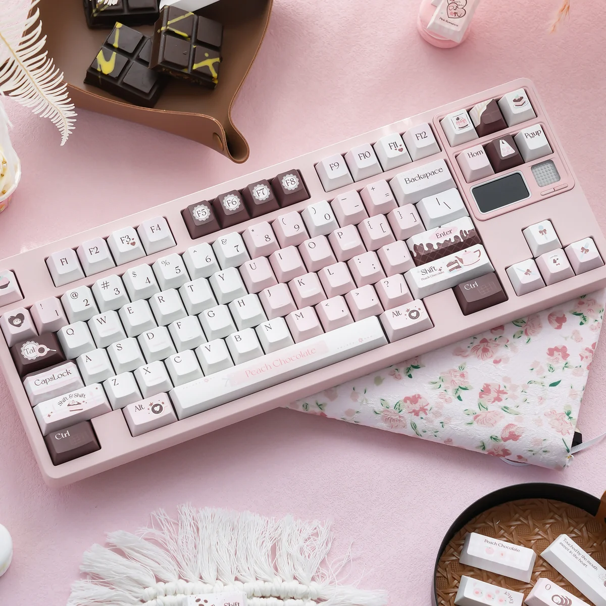 Pink Chocolate Series Keycap Set, showcasing charming hues motifs and a playful dessert theme from multiple angles.