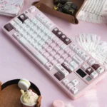 Charming Pink Chocolate Series Keycap Set shown from different angles, emphasizing its playful motifs and dessert nostalgic design.