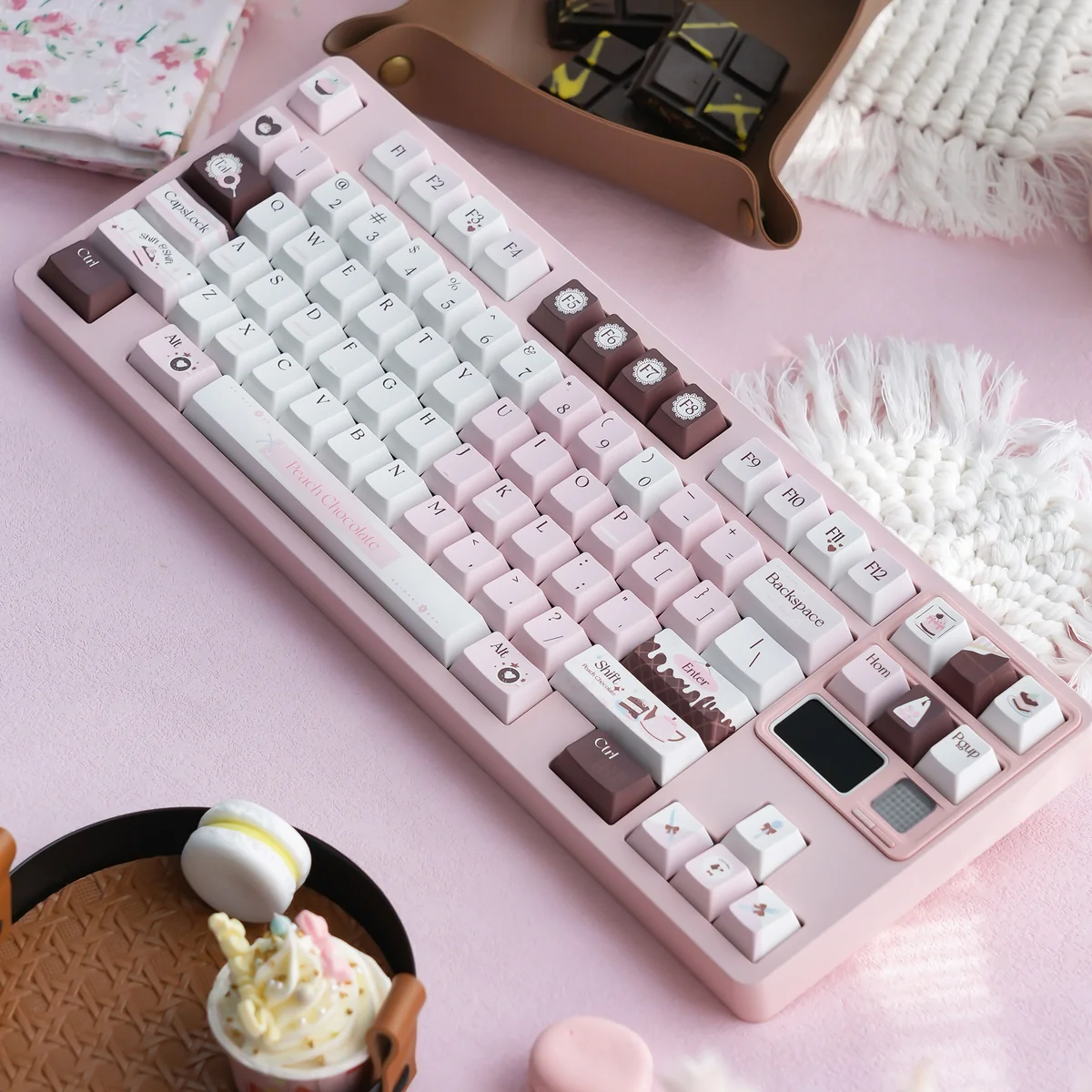 Charming Pink Chocolate Series Keycap Set shown from different angles, emphasizing its playful motifs and dessert nostalgic design.