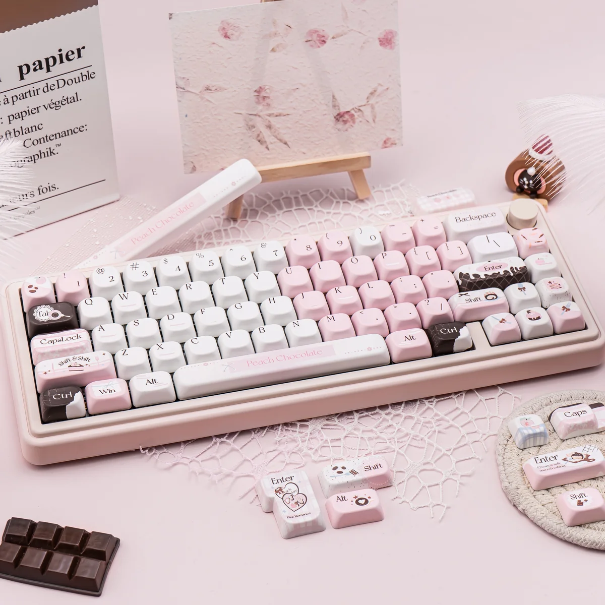 A sweet collection of Pink Chocolate Series Keycap Set, showcasing various sweet-themed designs from multiple angles, evoking playful design.