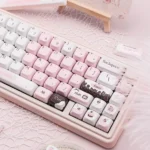 Pink Chocolate Series Keycap Set, a 130-key set with charming hues motifs, in multiple perspective view.