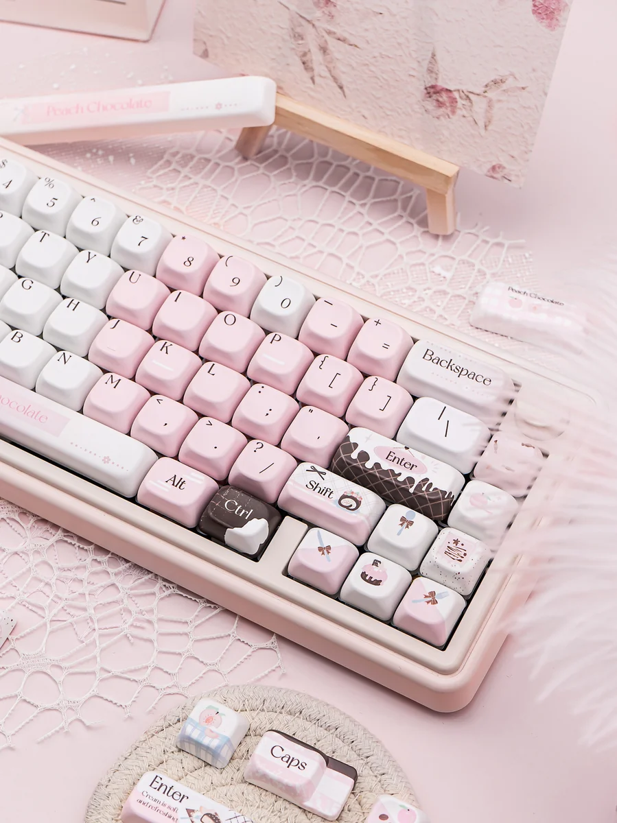 Pink Chocolate Series Keycap Set, a 130-key set with charming hues motifs, in multiple perspective view.