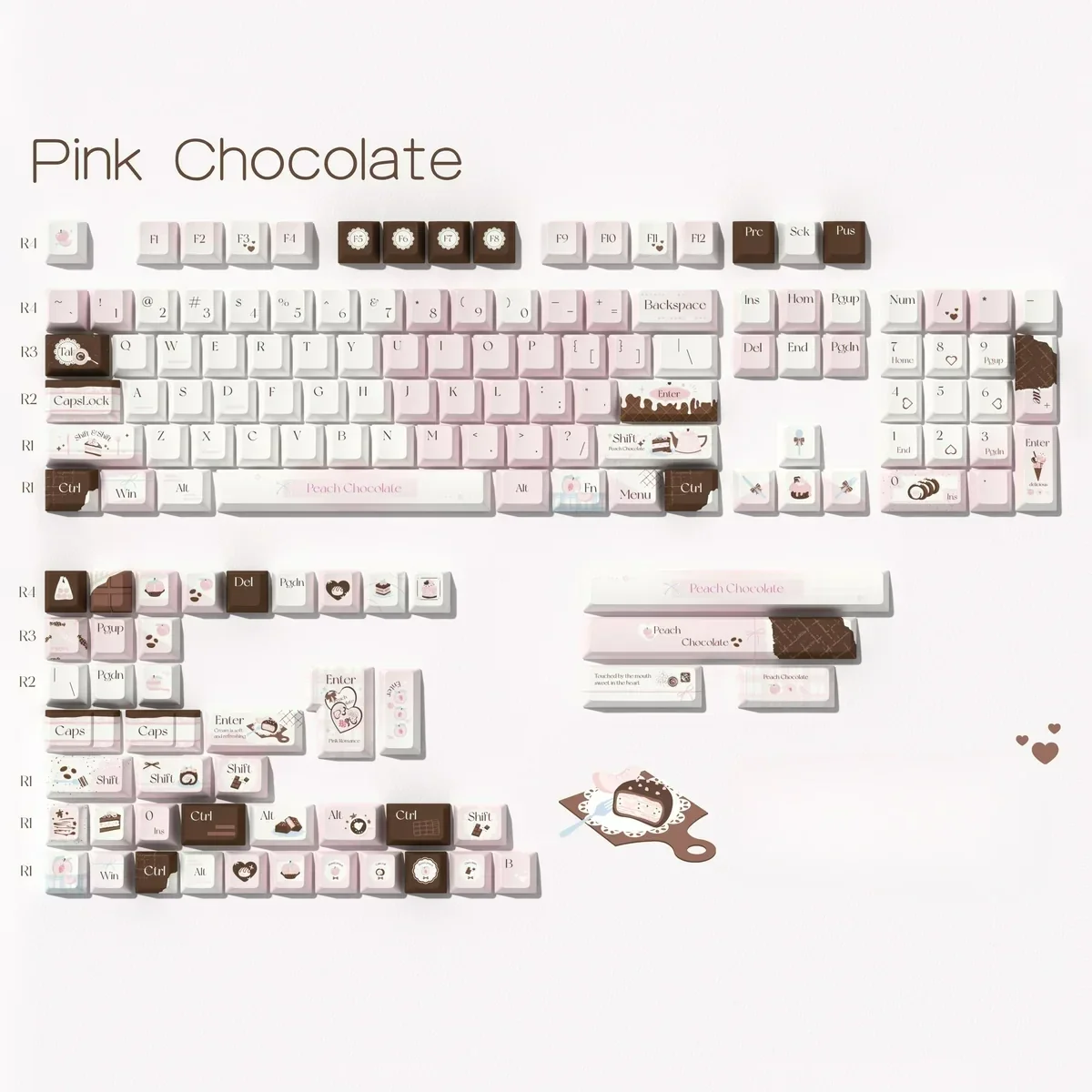 Pink Chocolate Series Keycap Set, 149-key in crisp pink and chocolate, charming dessert motifs for your keyboard.