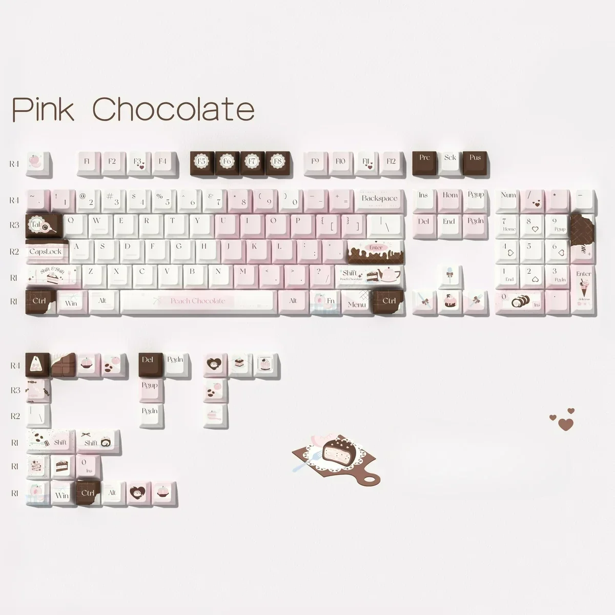 Pink Chocolate Series Keycap Set variant in crispy pink and chocolate , a 130-key set with heart motifs for your keyboard.